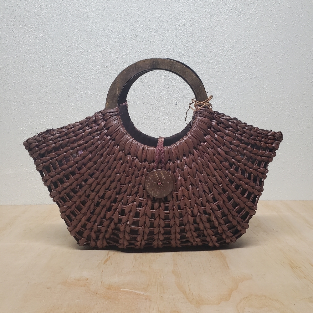 Brown Summer Beach Vacation  Raffia Woven Circle Handles Hand Purse - Picture 2 of 7